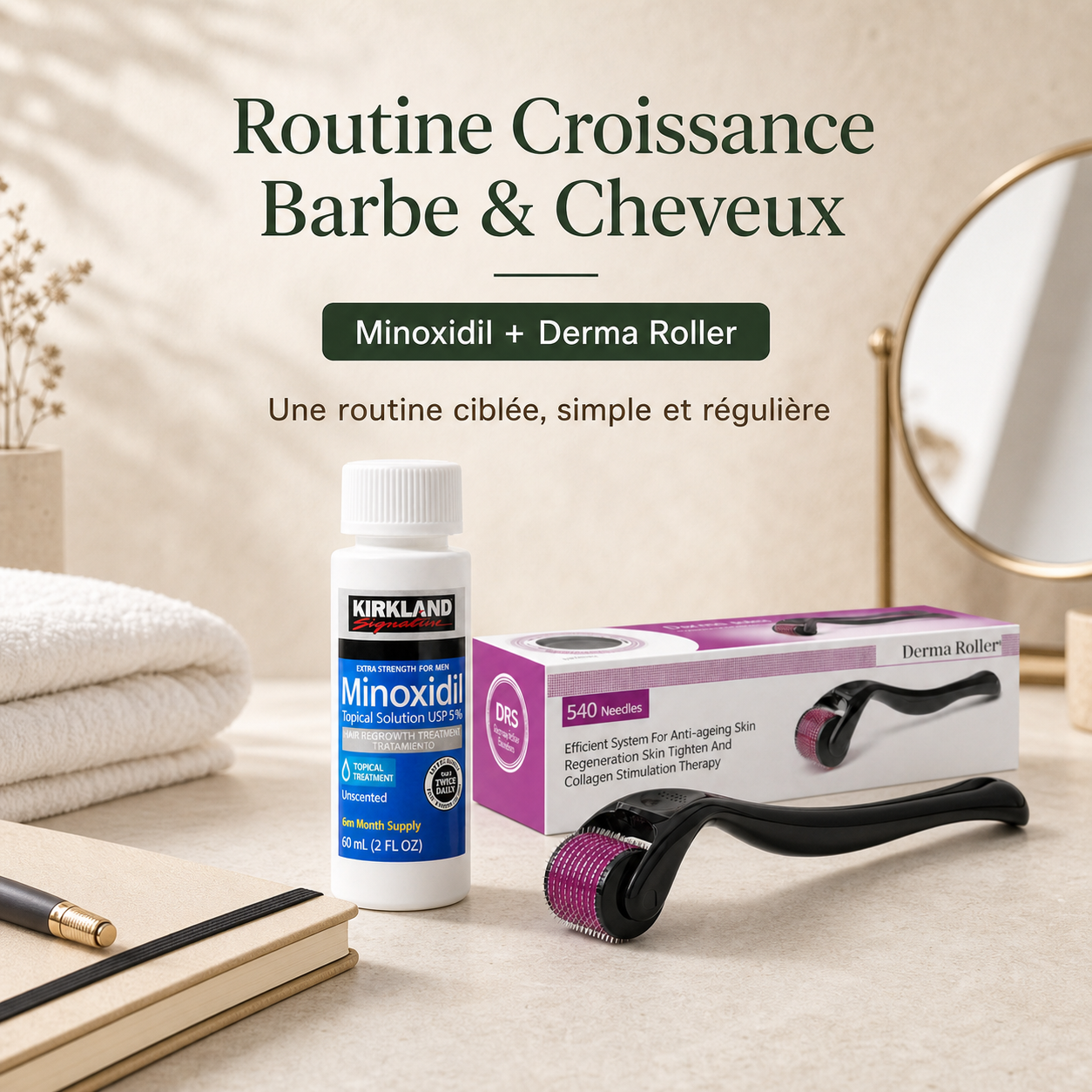 Routine Croissance Barbe & Cheveux — Minoxidil + Derma Roller